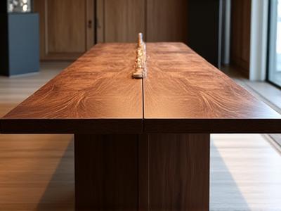 Langt spisebord i valnøtt med moderne understell