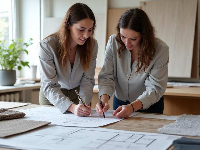 Interiørdesigner som peker på materiale sammen med en klient, med fargeprøver og tegninger på bordet